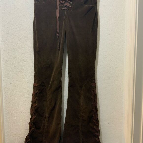 Dana Foley NYC corduroy brown pants lace Low Rise Wide Leg - Picture 2 of 9